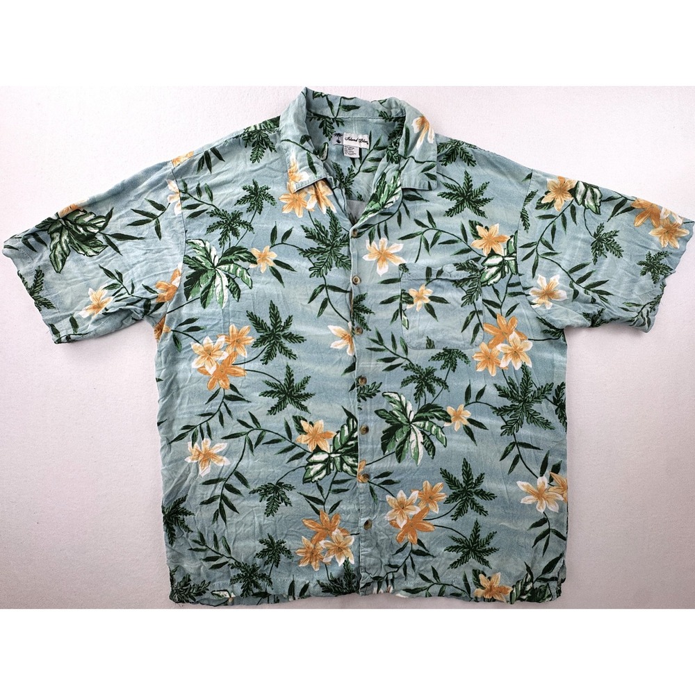Island Blue Hawaiian Shirt Mens 2XLT Blue‎ Tropical Floral Rayon Button Up Tall
